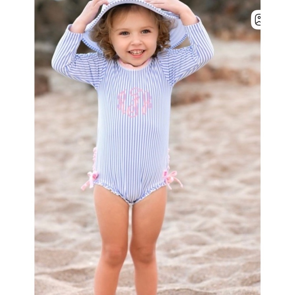 Ruffle Butts Baby Girls Blue White Stripe Monogram Rash Guard Swimsuit 3T